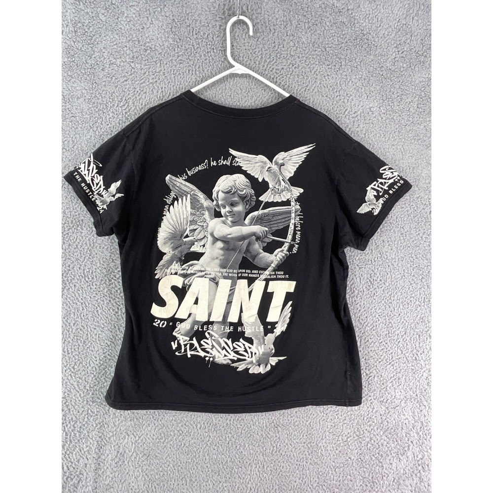 Savage Crew Graphic T-Shirt Mens L Black Saint Angel Cherub God Bless The Hustle